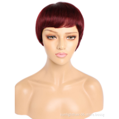 Bas prix de gros 99j rouge couleur vrai cheveux humaine bresilienne perruque coupe courte pixie Bob cheveux humains pour femme
